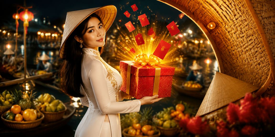 Người phụ nữ đội nón lá vùng Mekong mở phong bì đỏ và kiểm tra thưởng cá cược trên điện thoại