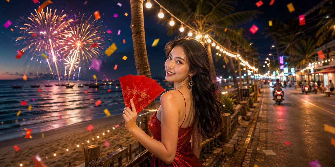 Phong bì đỏ may mắn tượng trưng cho ưu đãi thưởng Tết trên bãi biển Mũi Né đầy nắng
